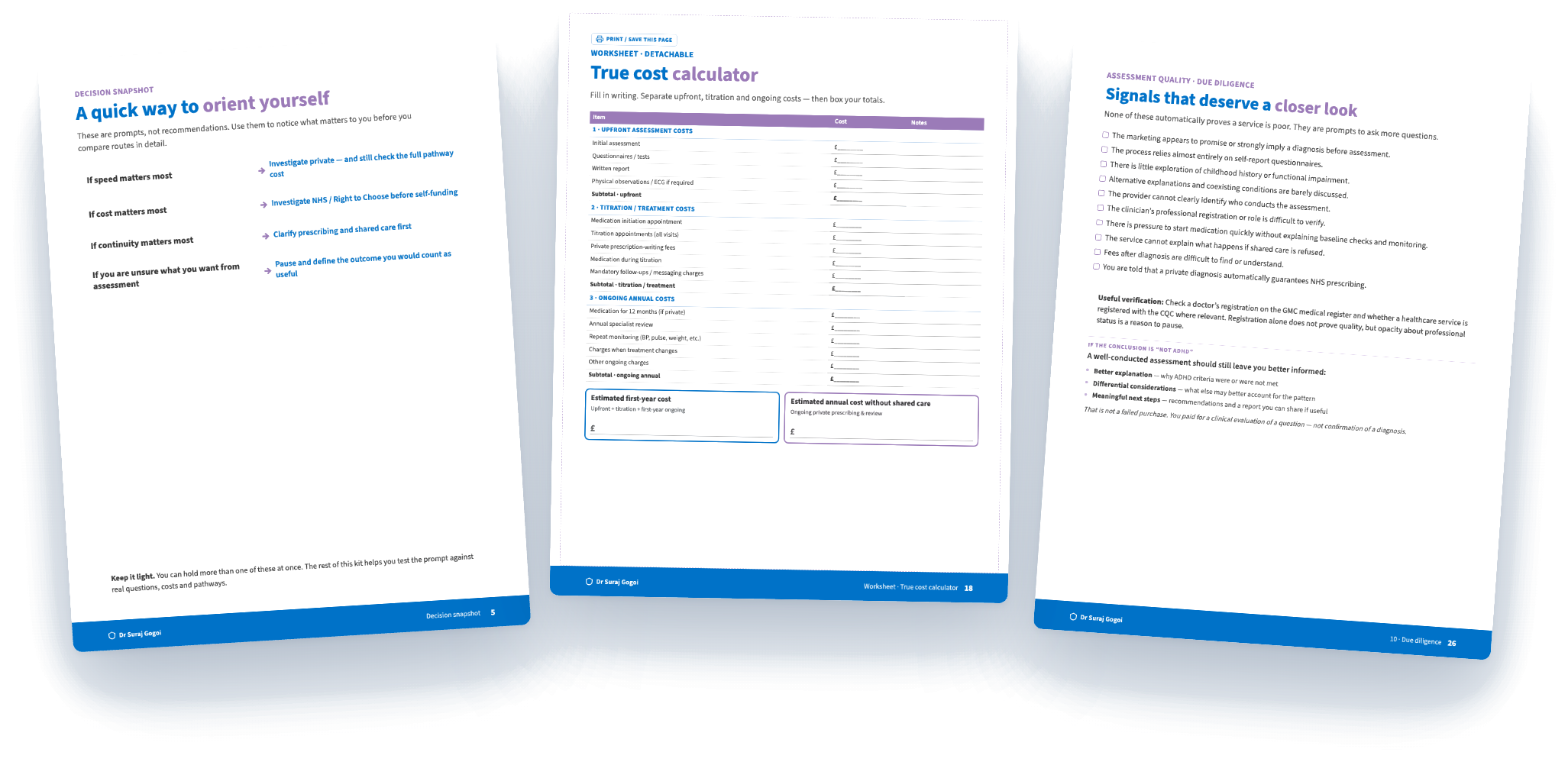 Decision snapshot, cost calculator and due diligence pages from the guide